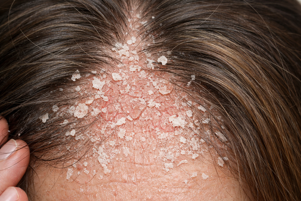 Na obrazie widać skórę głowy w dużym zbliżeniu