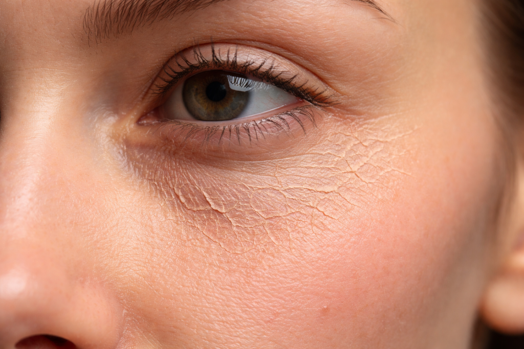 Na obrazie widać fragment twarzy z jednym okiem w kadrze oraz wyraźnie przesuszoną skórę pod dolną powieką