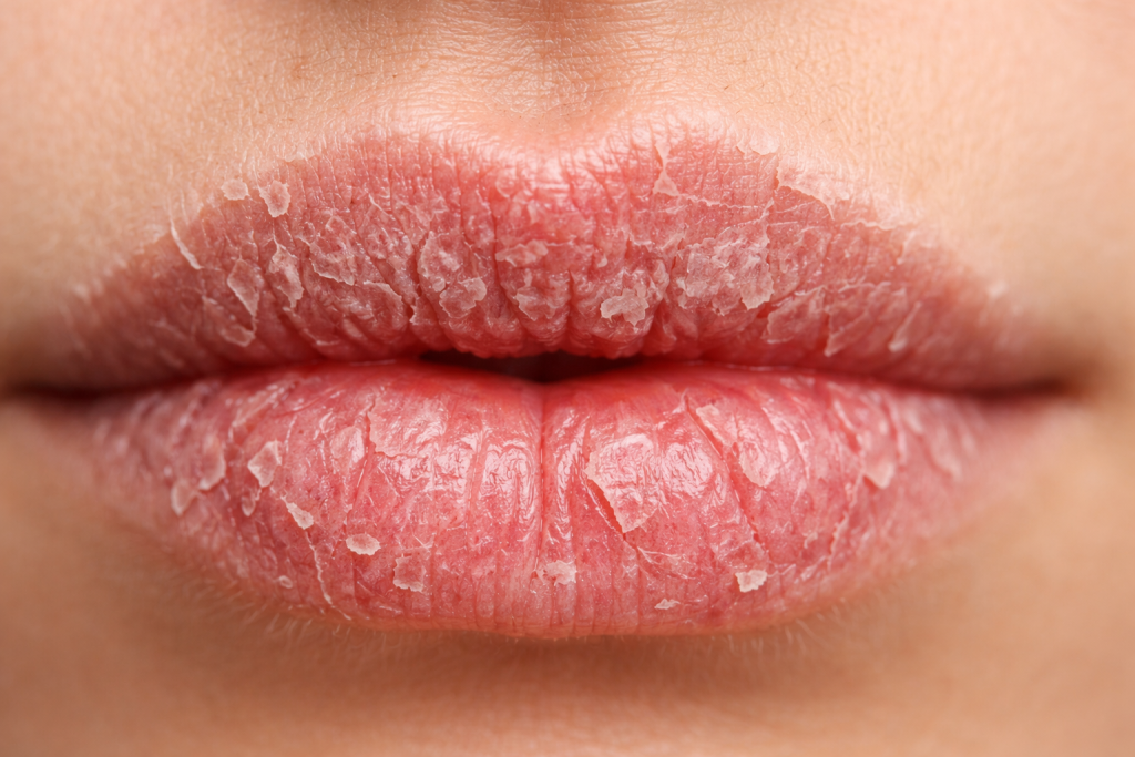 Na obrazie widać bardzo bliskie, realistyczne zbliżenie ust z wyraźnymi oznakami przesuszenia