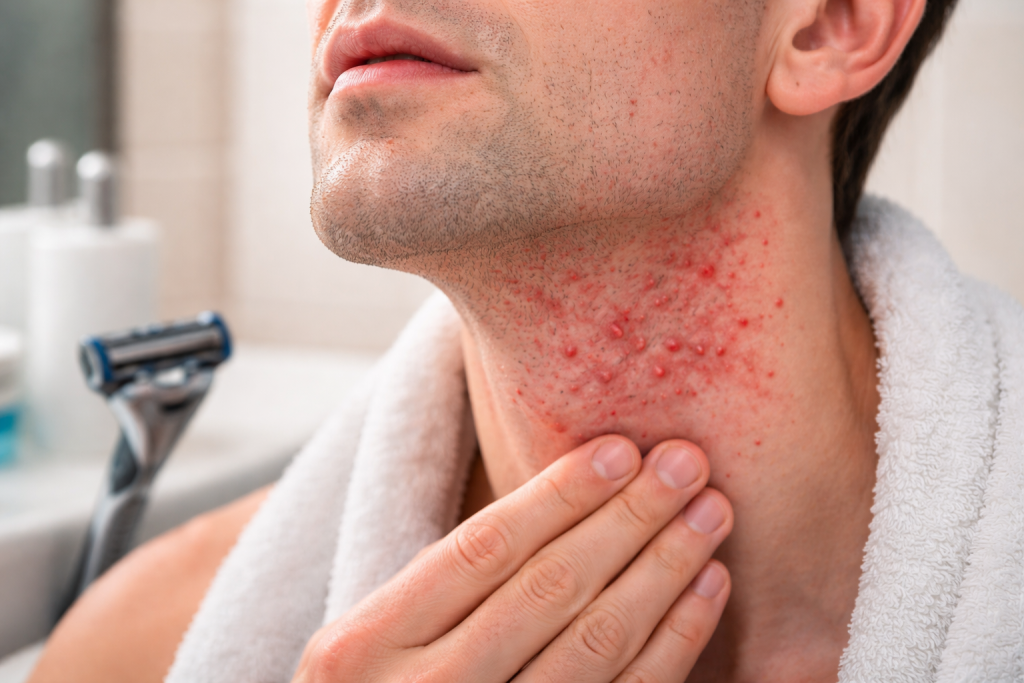 Obraz przedstawia realistyczne podrażnienia po goleniu u mężczyzny