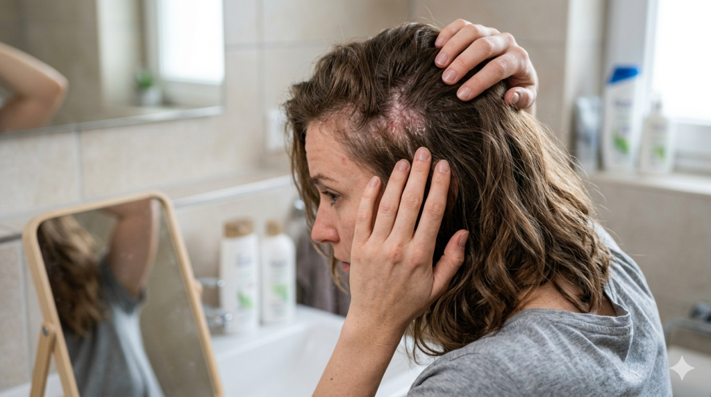 Obraz przedstawia kobietę w średnim wieku w codziennej, domowej scenerii — konkretnie w jasnej łazience