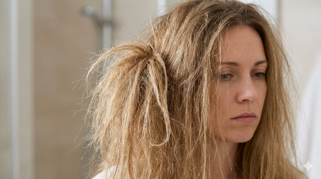 Grafika przedstawia realistyczny, bliski portret kobiety borykającej się z problemem ekstremalnie zniszczonych włosów