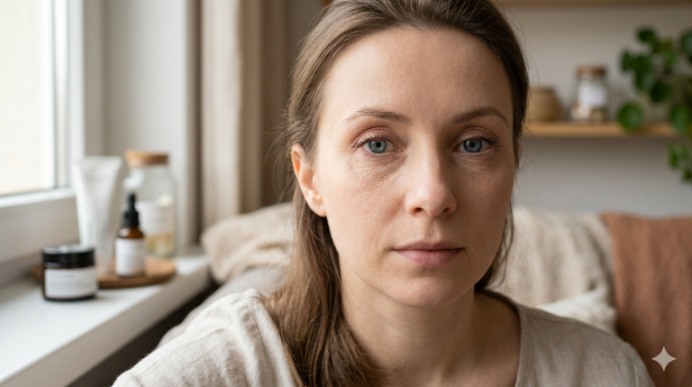 Grafika przedstawia realistyczny portret kobiety w średnim wieku, ujętej w kadrze od ramion w górę