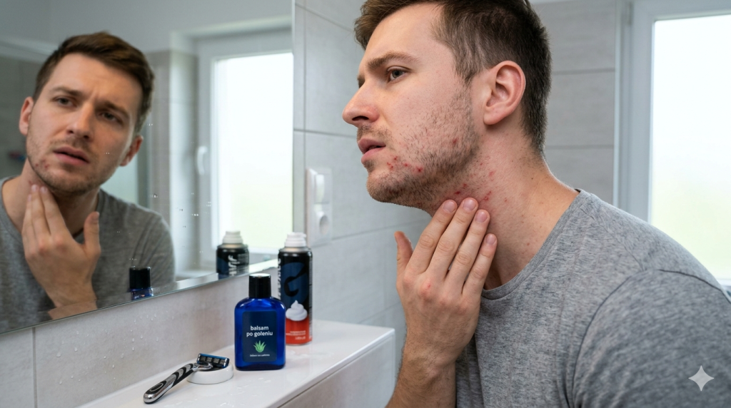 Obraz przedstawia realistyczną scenę w łazience, na której młody mężczyzna zmaga się z podrażnieniami skóry po goleniu