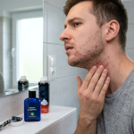 Obraz przedstawia realistyczną scenę w łazience, na której młody mężczyzna zmaga się z podrażnieniami skóry po goleniu