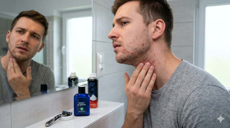 Obraz przedstawia realistyczną scenę w łazience, na której młody mężczyzna zmaga się z podrażnieniami skóry po goleniu