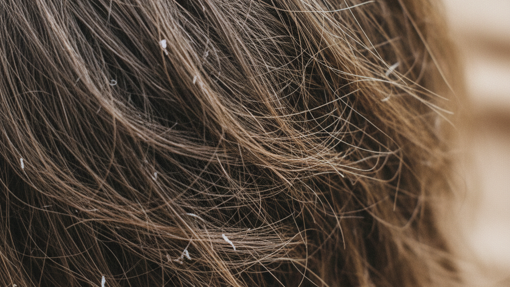 Obraz przedstawia zbliżenie na włosy, prawdopodobnie osoby dorosłej, o brązowym, lekko rudawym odcieniu